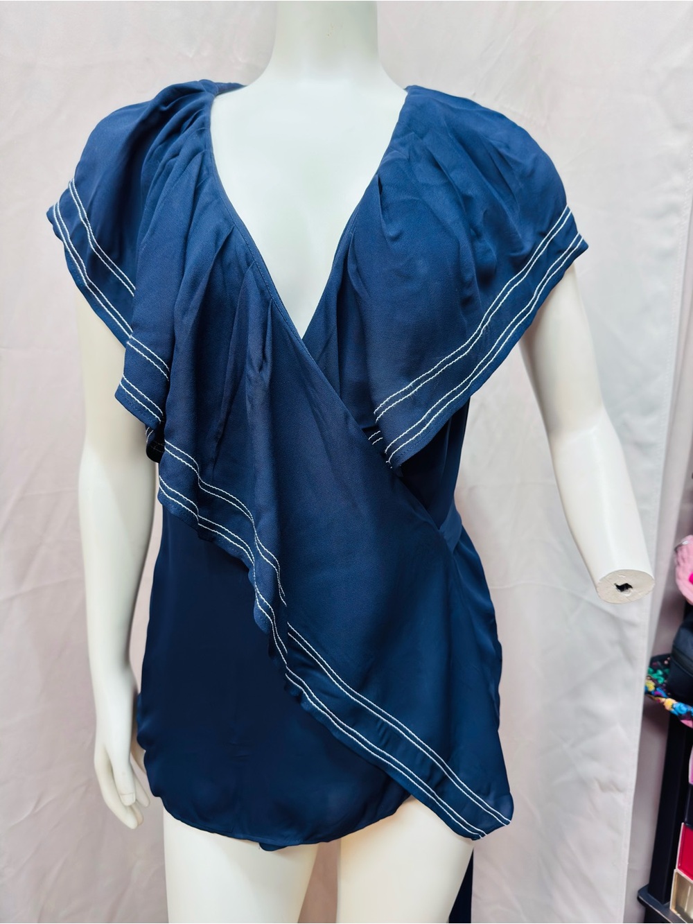 Tory Burch Navy Ruffle Wrap-Front Blouse